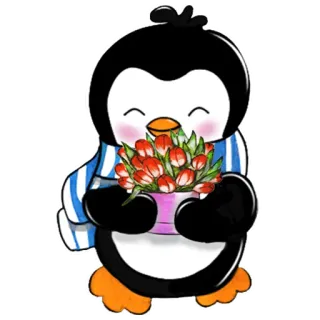 💐 pinguino, fiori, carino, cartone animato, animale, tulipani, personaggio whatsapp sticker