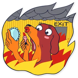 💄 EXIT anjing, api, makeup, kartun, lipstik, melarikan diri, cermin telegram sticker