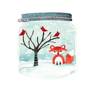 😖 冬天, 狐狸, 鸟, 雪, 罐子, 自然, 水彩 telegram sticker