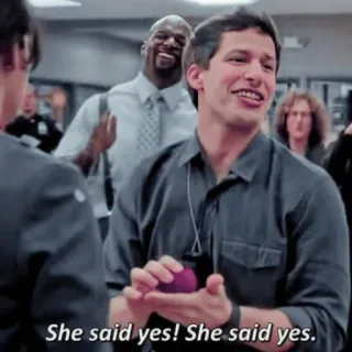 😌 Jake Peralta Brooklyn Nine-Nine She said yes! She said yes. предложение руки и сердца, счастливый, да, праздник, любовь whatsapp sticker