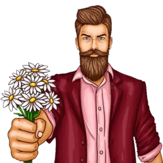 💐 man, beard, flowers, daisies, bouquet, cartoon, red suit telegram sticker