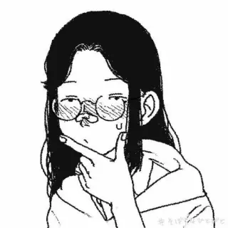 🤔 ＃生きてるだけで estilo anime, mujer, gafas, pensando, blanco y negro whatsapp sticker
