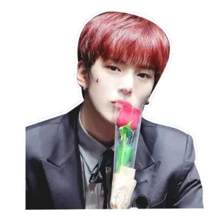 🌷 ภาพเหมือน, ผู้ชาย, ดอกไม้, ดอกกุหลาบ, หัวใจ, เกาหลี, ผมแดง, สูท telegram sticker
