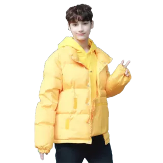 ✌️ persona, ragazzo, giacca gialla, felpa con cappuccio, segno di pace telegram sticker
