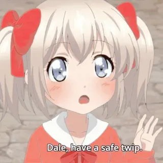🦩 Dale, have a safe twip. ragazza anime, fiocchi rossi, codini, buon viaggio, carino, manga, anime whatsapp sticker
