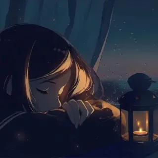 🙂 Anime Mädchen, traurig, Laterne, Regen, Nacht telegram sticker