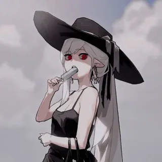🪔 anime girl, summer, ice cream, beach, black hat, red eyes telegram sticker