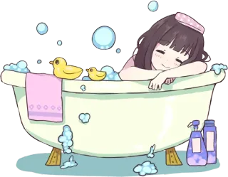 💧 baño, bañera, niña, pato de goma, burbujas, dibujos animados telegram sticker