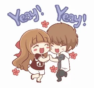❤️ Yeah! Yeah! Cartoon, Fröhlich, Feier, Niedlich, Anime, Paar, Blumen telegram sticker