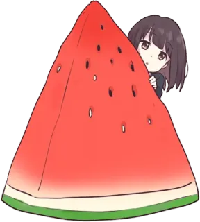 🍉 watermeloen, anime meisje, schattig, cartoon, plak, fruit whatsapp sticker