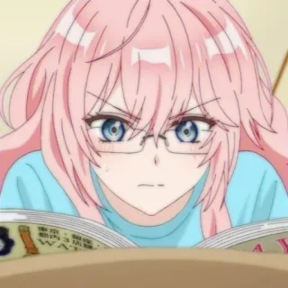 🔮 ragazza anime, capelli rosa, occhiali, leggendo, cartone animato, personaggio whatsapp sticker