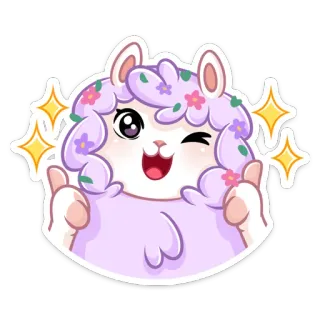 👍 lama, alpaca, cartone animato, carino, animale, fiori, brillantini, occhiolino whatsapp sticker