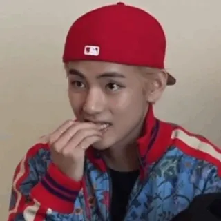 🎋 V person, male, celebrity, v, bts, eating, hat telegram sticker