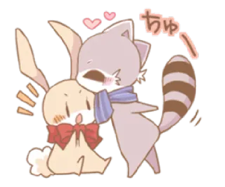 😘 ちゅ królik, szop pracz, słodki, kawaii, zwierzę, kreskówka, chibi whatsapp sticker