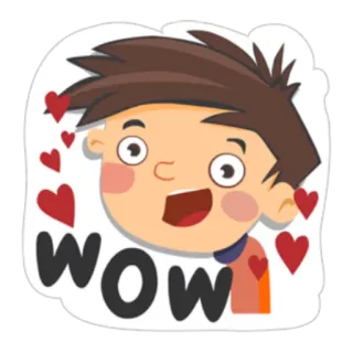 😛 WOW wow, podekscytowany, serca, kreskówka, wyraz, szczęśliwy, chłopiec telegram sticker