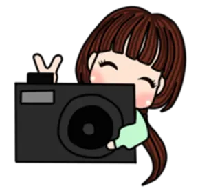 📷 menina, câmera, sinal de paz, fofo, desenho animado, ilustração telegram sticker