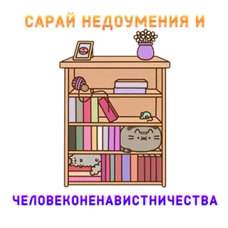 🗄 САРАЙ НЕДОУМЕНИЯ И ЧЕЛОВЕКОНЕНАВИСТНИЧЕСТВА кот, книжная полка, книги, наклейка, русский, текст, вопрос whatsapp sticker