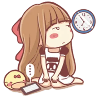 😐 애니메이션 여자, 만화, 시계, 피곤한, 졸린, 귀여운, 귀여운, 치비 telegram sticker
