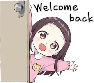 👋 Welcome back bienvenido, saludo, anime, dibujos animados, chica, puerta whatsapp sticker