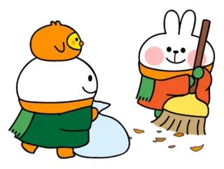 🐯 pulizia, coniglio, cartone animato, amicizia, autunno, foglie, animazione telegram sticker