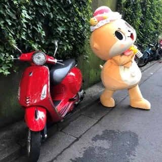 🐻 mascotte, scooter, scooter rouge, personnage, ville, rue telegram sticker