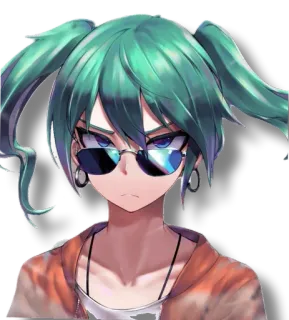 😎 chica anime, gafas de sol, pelo verde, coletas, dibujos animados telegram sticker