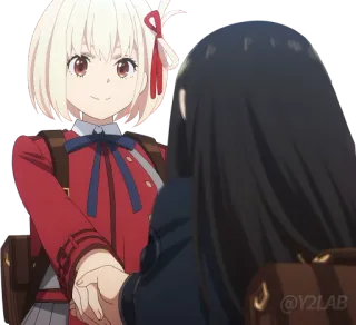 🤝 Anime, Uniforme escolar, Amizade, De mãos dadas, Lycoris Recoil, Chisato Nishikigi, Takina Inoue telegram sticker