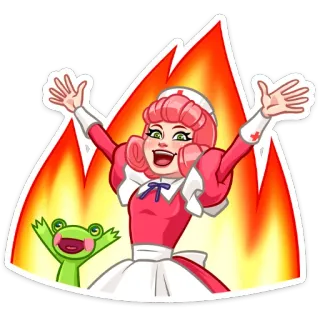 🔥 enfermera, llamas, dibujos animados, ánimo, animación, rana, pegatina whatsapp sticker