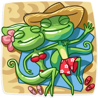 🏝 lizard, cartoon, beach, summer, couple, vacation, sand telegram sticker