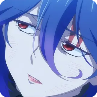 🤢 animé, cheveux bleus, yeux rouges, gros plan, sourire narquois telegram sticker