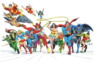 😊 supereroi, DC Comics, Justice League, fumetto, gruppo, Wonder Woman, Superman, Batman, Flash telegram sticker