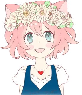 😇 Anime, Cartone animato, Carino, Ragazza, Orecchie da gatto, Corona di fiori, Capelli rosa telegram sticker