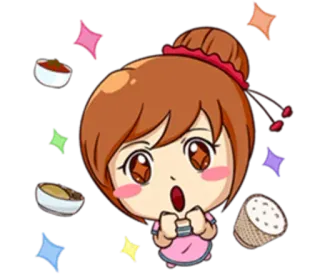 🤔 desenho animado, garota, comida, asiático, fofo whatsapp sticker