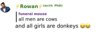🛡 funeral mouse
all men are cows
and all girls are donkeys humor, animals, gender, joke telegram sticker