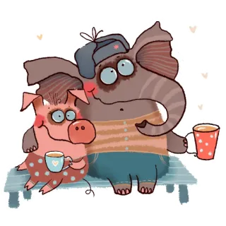 🤗 cochon, éléphant, animaux, amitié, café, dessin animé telegram sticker