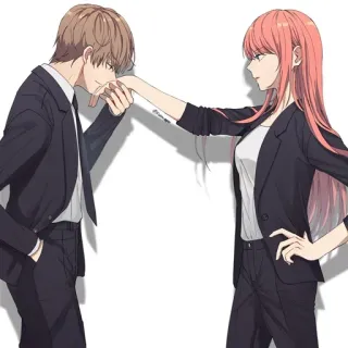 😘 anime, mano bacio, romance, coppia, completo, capelli rosa telegram sticker