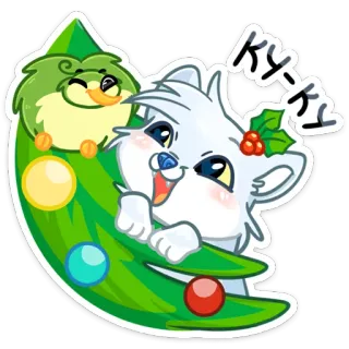 😉 Ку-Ку mèo, chim, cây thông Noel, lễ hội, dễ thương, mùa đông, ngày lễ telegram sticker
