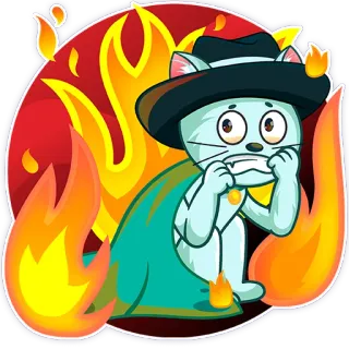 😣 gato, fuego, asustado, dibujos animados, animal, sombrero, llamas telegram sticker