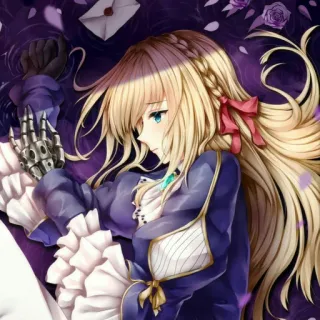 😓 Violet Evergarden anime, sad, robot arm, letter, purple roses telegram sticker