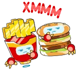 🤔 XOMMM frites, burger, dessin animé, nourriture, fast food, autocollant whatsapp sticker