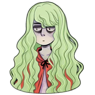 😑 zombie, chica, personaje, dibujo animado, arte, mujer, pelo verde whatsapp sticker