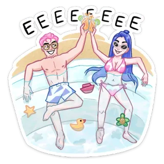 😃 EEEEEE праздник, пляж, лето, напитки, пара, мультфильм, вода, купальник whatsapp sticker