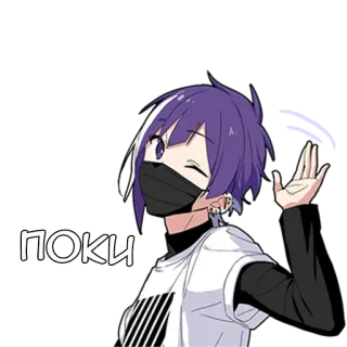 👋 ПОКИ anime, manga, mask, purple hair, waving, cartoon, character whatsapp sticker