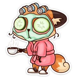 🌚 狐狸, 水疗, 放松, 黄瓜, 浴袍, 咖啡, 卡通 telegram sticker