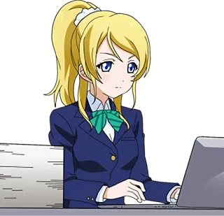 💻 Eli Ayase Love Live! Anime, Kreskówka, Dziewczyna, Uczennica, Mundur szkolny, Blond włosy, Laptop telegram sticker