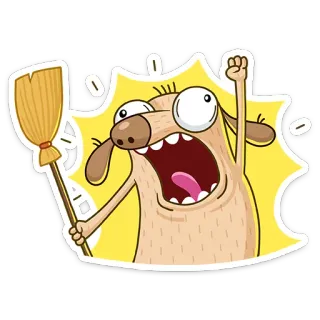 😜 cartoon, animal, dog, broom, exclamation, crazy, funny telegram sticker