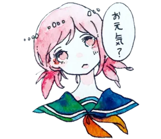 ❓ おえ気? cô gái, tiếng Nhật, bong bóng thoại, màu nước, dễ thương, anime, manga telegram sticker