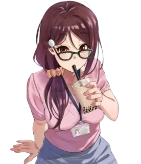 🤤 Anime, Mädchen, Boba, Brille, Braune Haare, Süß, Cartoon, Illustration telegram sticker