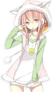 ✌ ragazza anime, segno di pace, cuffie, carino/a, felpa con cappuccio, orecchie da gatto, capelli rosa telegram sticker