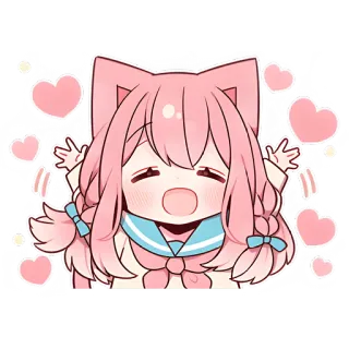 🥰 Anime, Kawaii, Słodkie, Dziewczyna, Serca, Różowy, Kocie uszy, Kreskówka telegram sticker